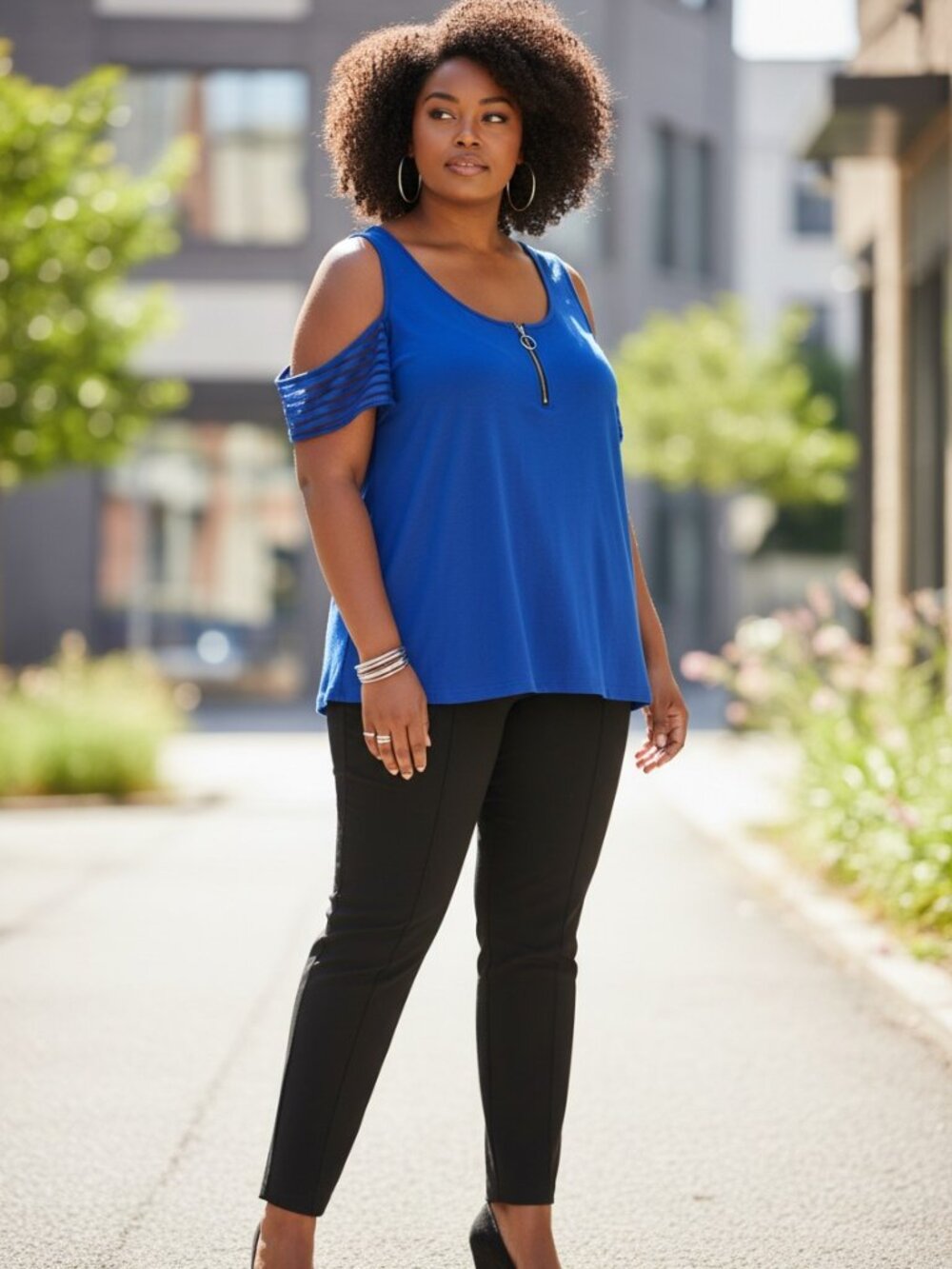 Womens Royal Blue Cold Shoulder Zip Neck Stretch Top Size XXL Casual